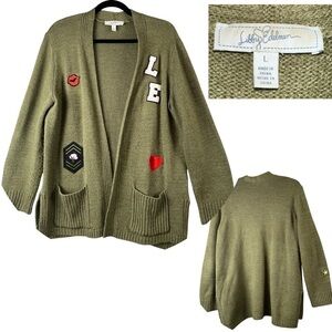 Libby Edelman Sweater Womens Large Green Letterman Patch Knit Y2K Boho Preppy